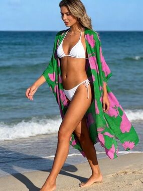 Green & Pink Floral Beach Kimono Cover-Up